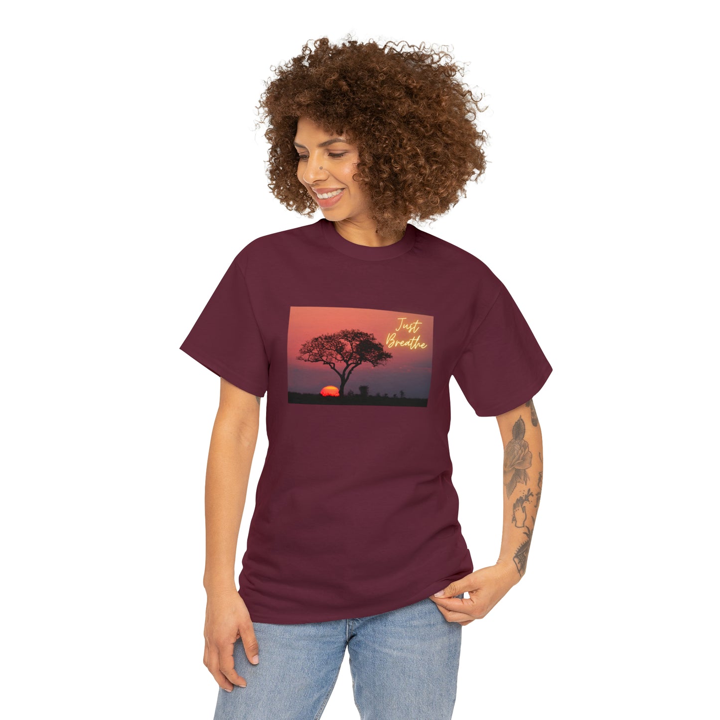 Just Breathe sunset trees Unisex Heavy Cotton Tee