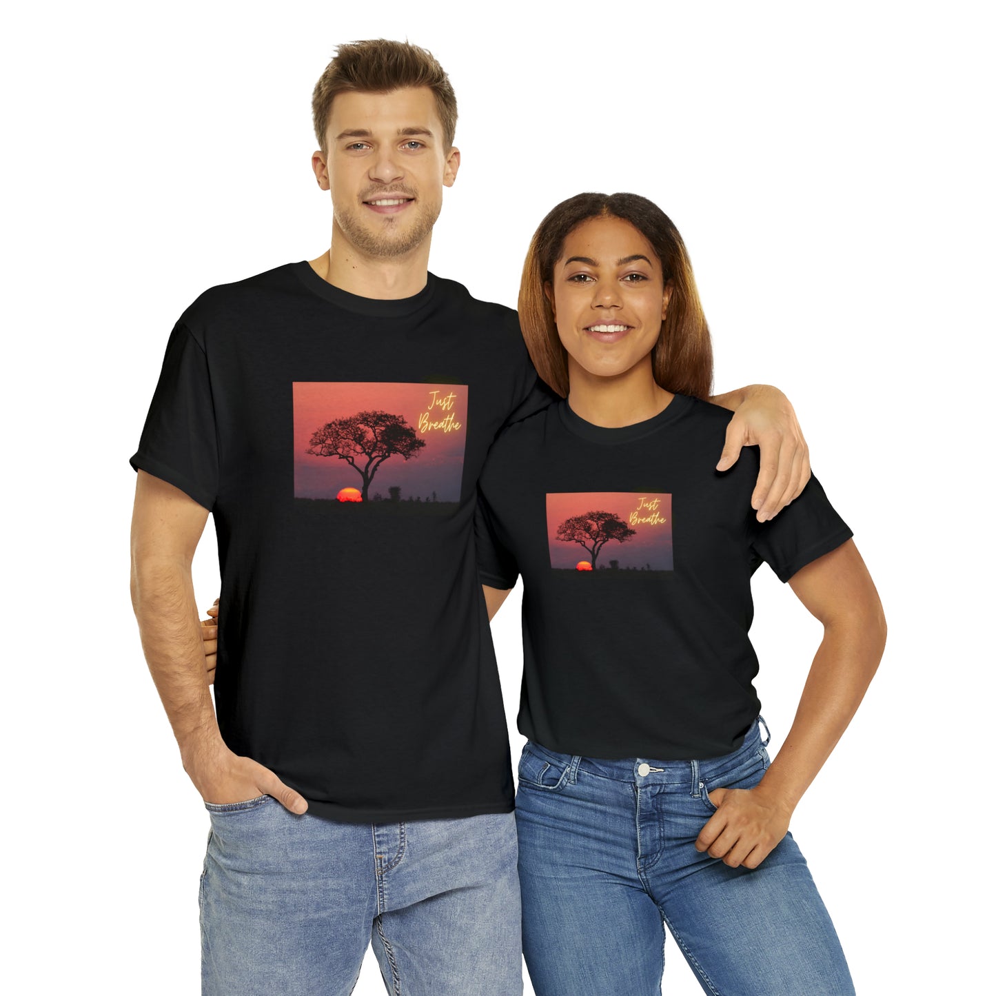 Just Breathe sunset trees Unisex Heavy Cotton Tee