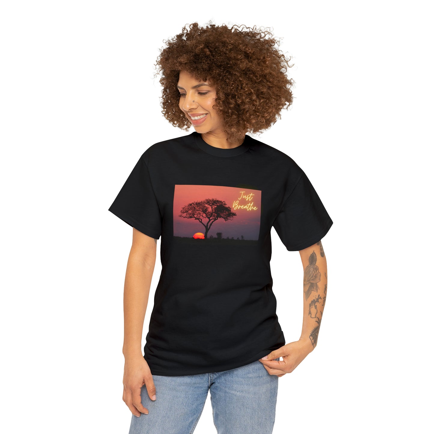 Just Breathe sunset trees Unisex Heavy Cotton Tee