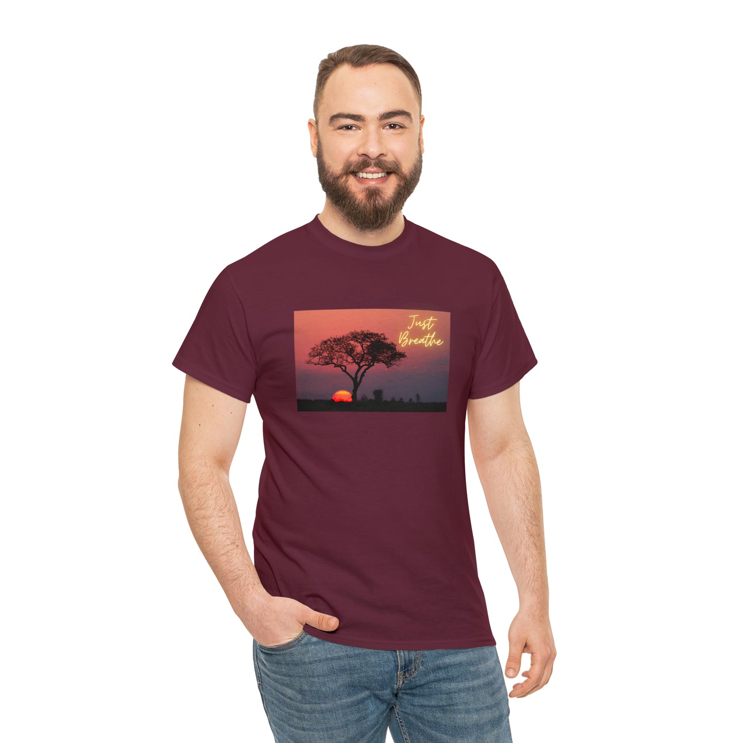 Just Breathe sunset trees Unisex Heavy Cotton Tee