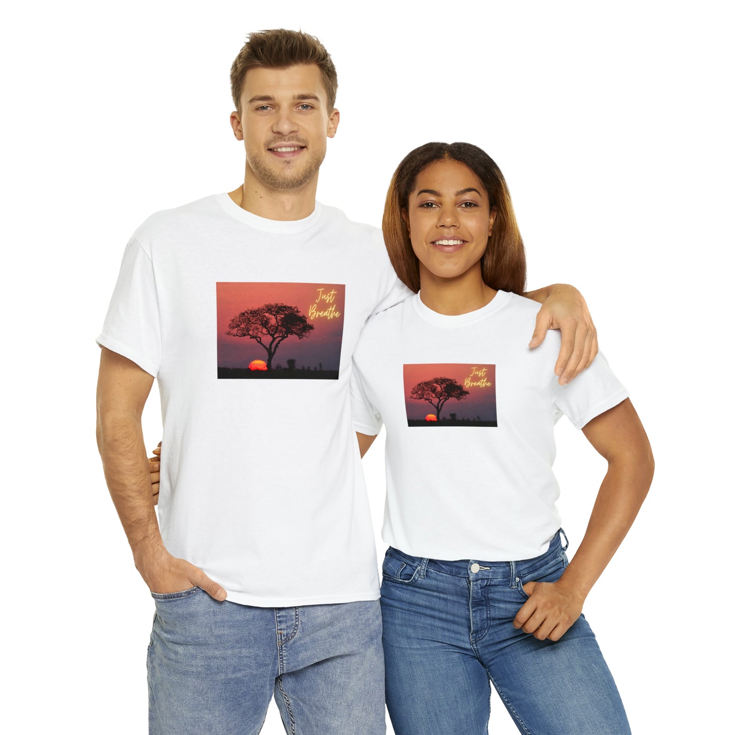 Just Breathe sunset trees Unisex Heavy Cotton Tee