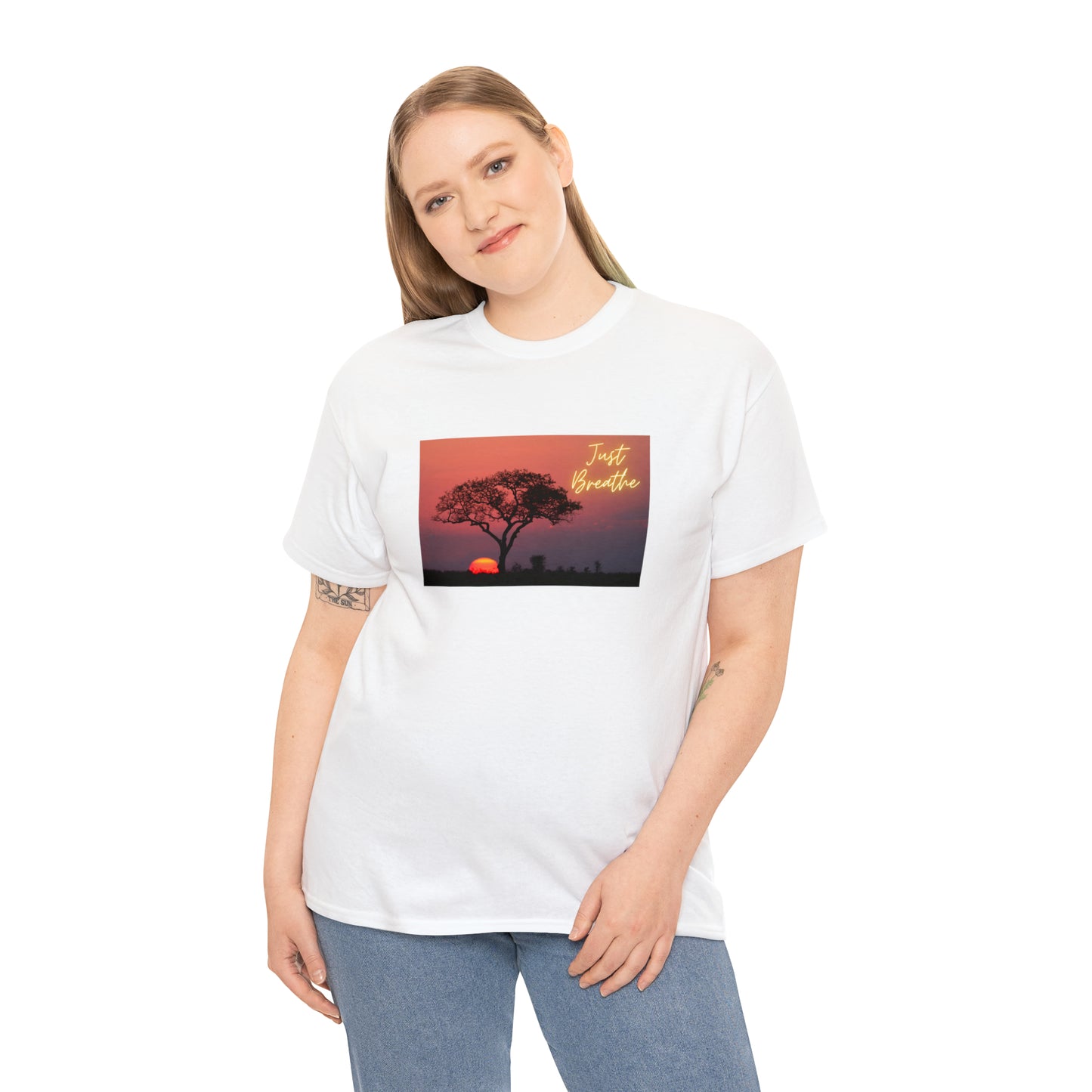 Just Breathe sunset trees Unisex Heavy Cotton Tee