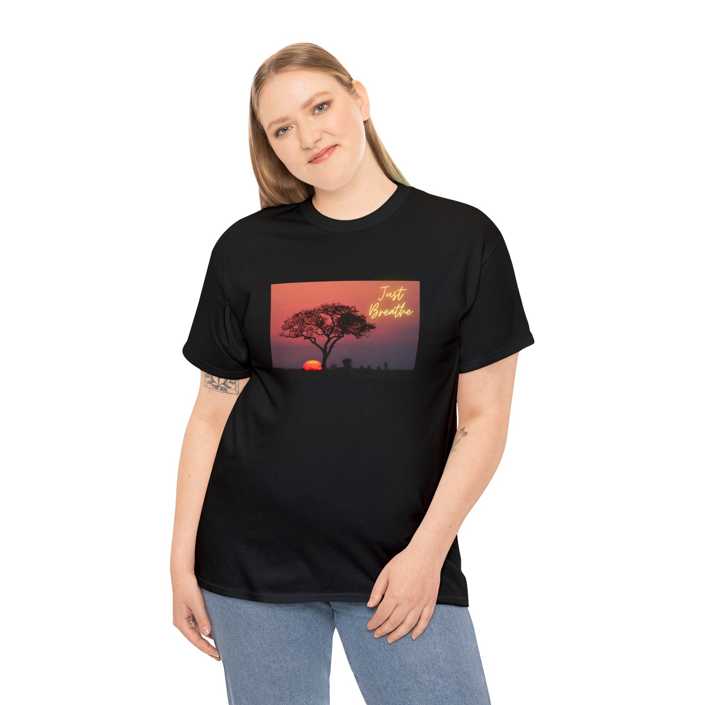 Just Breathe sunset trees Unisex Heavy Cotton Tee